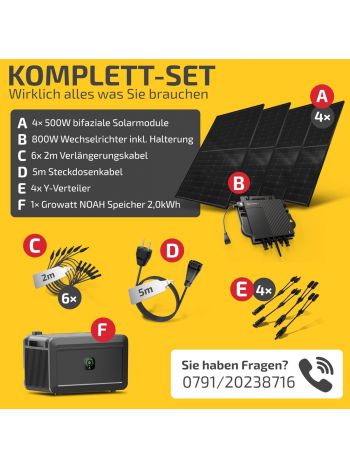 Balkonkraftwerk 2000W mit Speicher - Balkonkraftwerk 2000 Watt komplett Steckdose & 800W Wechselrichter - Solaranlage Komplettset - 4x500W PV-Module & 4kWh Speicher für Balkonkraftwerk