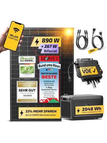 880W Balkonkraftwerk mit Halterung (Balkon) - Balkonkraftwerk 800W komplett Steckdose - 800 Watt Wechselrichter - Solaranlage Komplettset - 440W bifaziale Solarmodule inkl. Zubehör - 10m Kabel