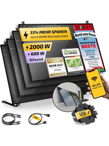 Balkonkraftwerk 2000W komplett Steckdose - Inklusive Halterung - Balkonkraftwerk 2000 Watt neuester Wechselrichter 800W - Solaranlage Komplettset mit 4x500W Solarpanel mit 10m Kabel