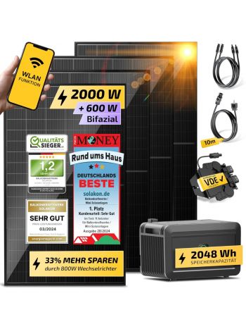Balkonkraftwerk 2000W komplett Steckdose - Inklusive Halterung - Balkonkraftwerk 2000 Watt neuester Wechselrichter 800W - Solaranlage Komplettset mit 4x500W Solarpanel mit 10m Kabel
