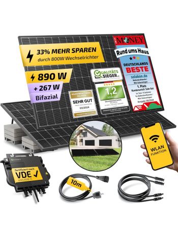 880W Balkonkraftwerk Mit Ziegeldach (Einzelmontage) Halterung - 800W komplett Steckdose - 800 Watt Wechselrichter - Solaranlage Komplettset - 440W bifaziale Solarmodule inkl Zubehör - 10m